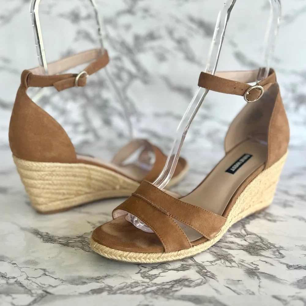 Nine West Jeranna Espadrille Tan Suede Ankle Strap Wedge Sandals 10